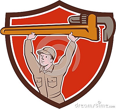 Plumber Lifting Monkey Wrench Crest Cartoon Vector Illustration