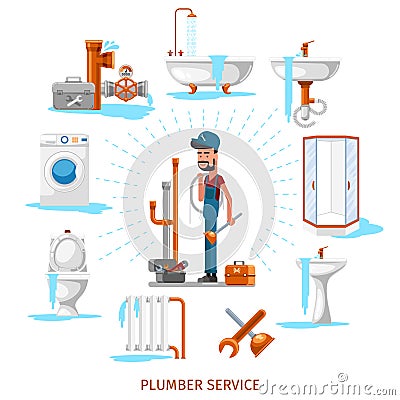 Plumber or maintenance engineer at plumbing work vector illustration Vector Illustration