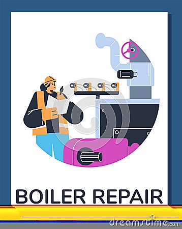 Plumber making some notes in his clipboard, Boiler repair cartoon vector poster, engineer inspecting heating system Cartoon Illustration