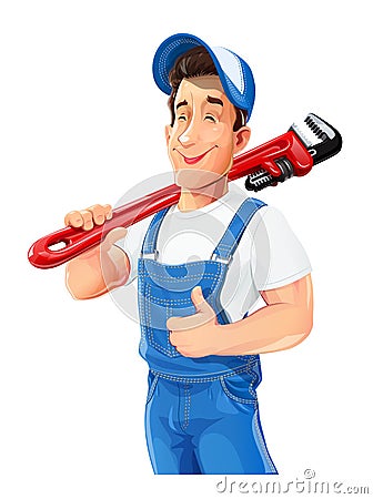 Plumber man with pipe wrench. Work occupation. Repair Service. Vector illustration. Vector Illustration