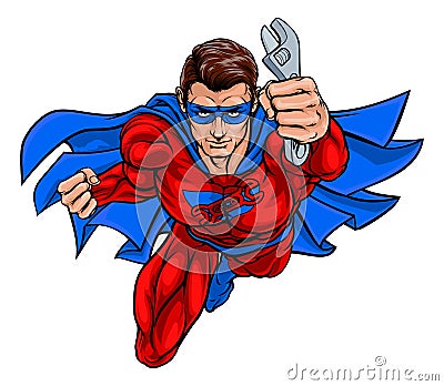 Plumber Mechanic Superhero Holding Wrench Spanner Vector Illustration