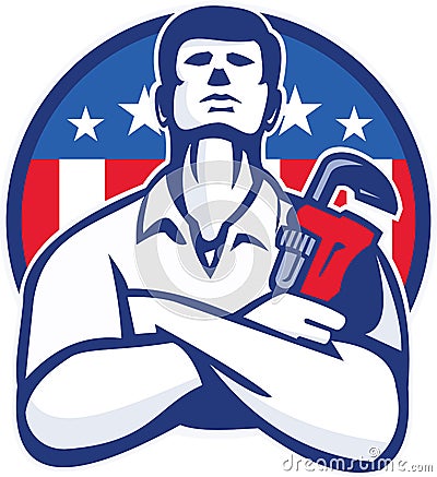 Plumber With Monkey Wrench American Flag retro Vector Illustration