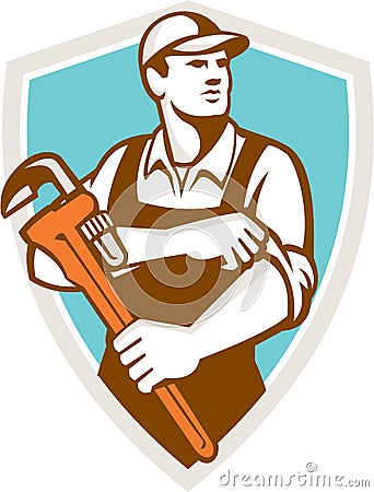 Plumber Monkey Wrench Rolling Sleeve Shield Retro Vector Illustration