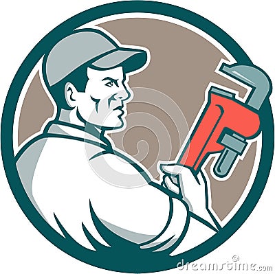 Plumber Monkey Wrench Side Circle Retro Stock Photo