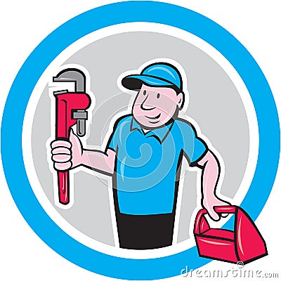 Plumber With Monkey Wrench Toolbox Cartoon Stock Photo