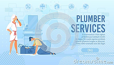 Plumber Online Service Flat Landing Page for Call Vector Illustration
