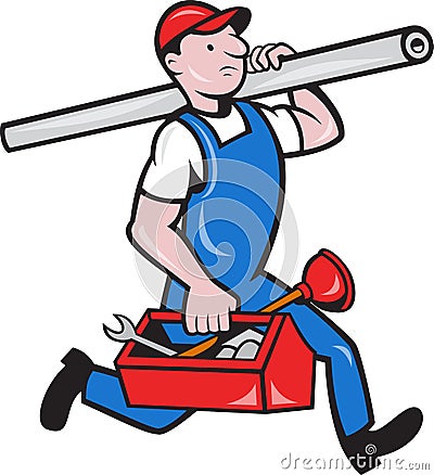 Plumber With Pipe Toolbox Cartoon Vector Illustration