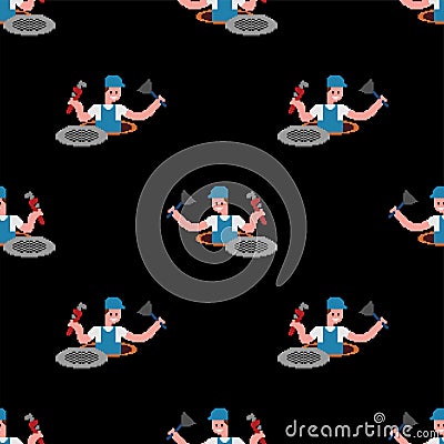 Plumber pixel art pattern seamless. Working in Sewer 8 bit background. vector texture Vector Illustration