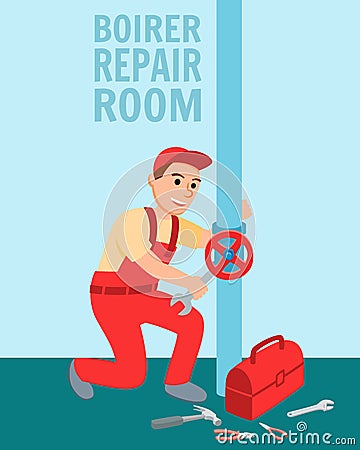 Plumber with Plumbing Equipment Repair Valve Vector Illustration