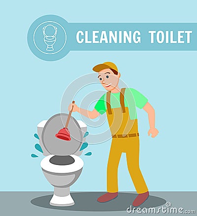 Plumber with Plunger Repair Clogged Toilet Bowl Vector Illustration