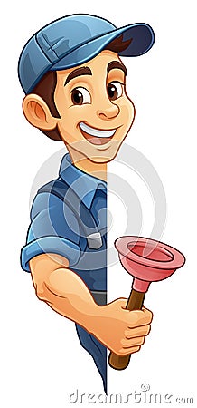 Plumber Plunger Tool Cartoon Plumbing Man Handyman Vector Illustration