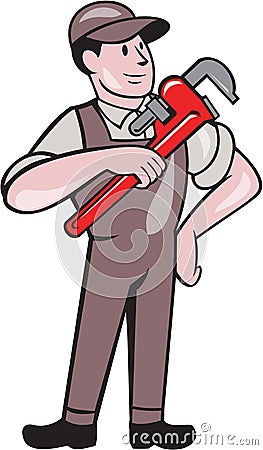 Plumber Pointing Monkey Wrench Standing Cartoon Stock Photo