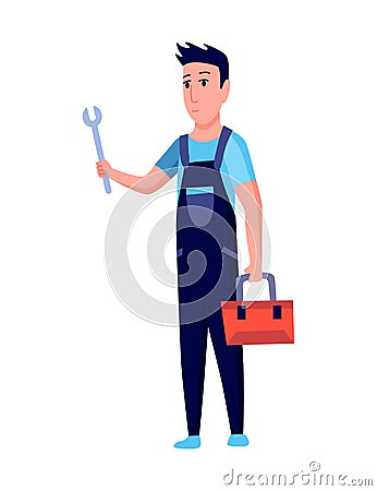 Plumber. Professional plumbing work service. Cartoon handymen repairing engineering systems with tool. Repair service Vector Illustration