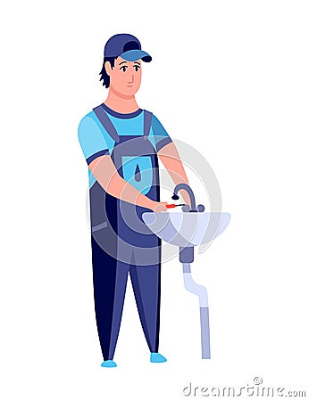 Plumber. Professional plumbing work service. Cartoon handymen repairing washbasin with tool. Repair service and Vector Illustration