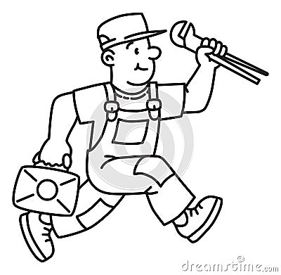 Plumber or repairman with the tools is running Vector Illustration