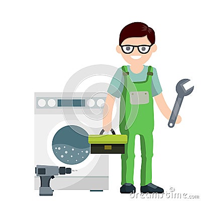 Plumber repairs washing machine. Breakdown of household appliances Vector Illustration