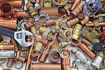 Plumber`s pipes and fittings Stock Photo