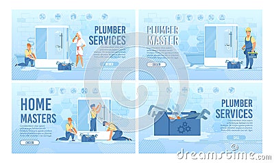 Plumber Service Master Call Flat Landing Page Set Vector Illustration