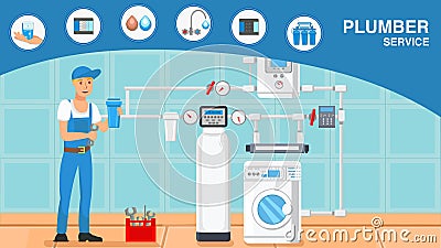 Plumber Services Cartoon Web Banner with Text Vector Illustration