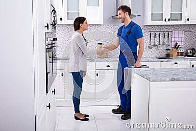 Plumber Shaking Hands With Woman Stock Photo