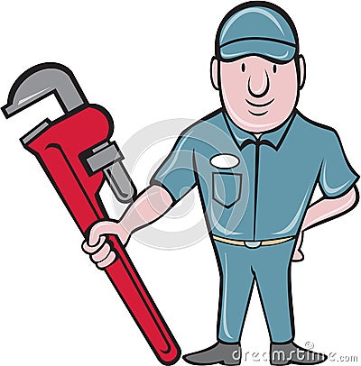 Plumber Standing Attention Wrench Cartoon Vector Illustration