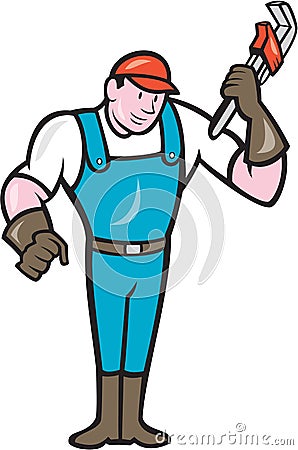 Plumber Standing Monkey Wrench Cartoon Vector Illustration