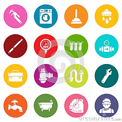 Plumber symbols icons set colorful circles vector Vector Illustration