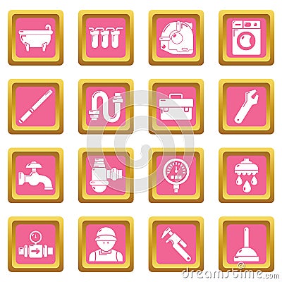 Plumber symbols icons set pink square vector Vector Illustration