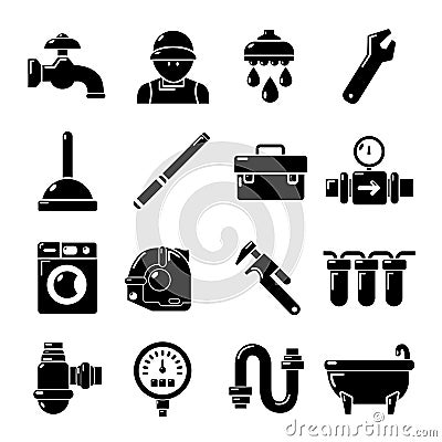 Plumber symbols icons set, simple style Vector Illustration