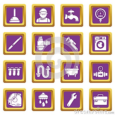 Plumber symbols icons set purple square vector Vector Illustration