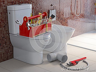 Plumber tools and pvc plastic tubes on the bowl in bathroom. Plumbing repair service Cartoon Illustration