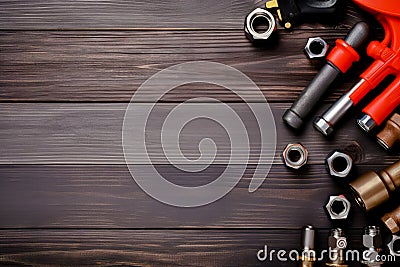 Plumber tools on a wooden background with empty space for text. Top view Stock Photo