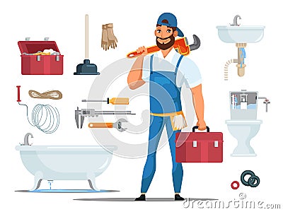 Plumber with tools and working accessories set Vector Illustration