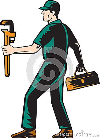 Plumber Walking Carry Toolbox Wrench Woodcut Vector Illustration