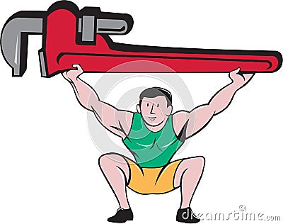 Plumber Weightlifter Lifting Monkey Wrench Cartoon Vector Illustration