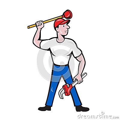 Plumber Wield Wrench Plunger Isolated Cartoon Vector Illustration