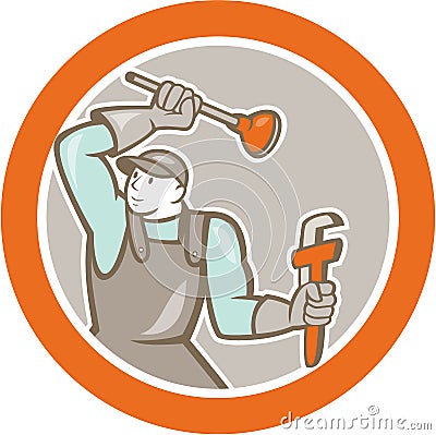 Plumber Wielding Plunger Wrench Circle Cartoon Vector Illustration