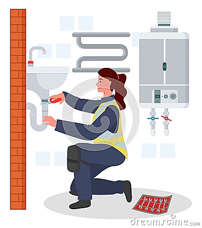 Plumber woman repairing adjusting fixing sink tube or pipe in bath, plumbing work, not female work Vector Illustration
