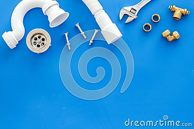 Plumber work with instruments, tools and gear on blue background top view mock up Stock Photo