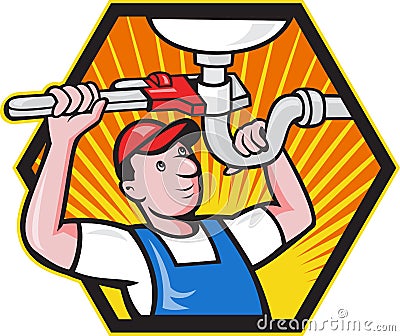 Plumber Worker With Adjustable Wrench Vector Illustration