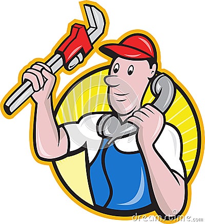 Plumber Worker With Adjustable Wrench Phone Vector Illustration