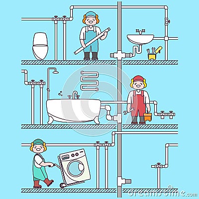 Plumber worker cartoon character. Male character fixing tubes in bathroom, holding tool box and plumber wrench. Vector Vector Illustration