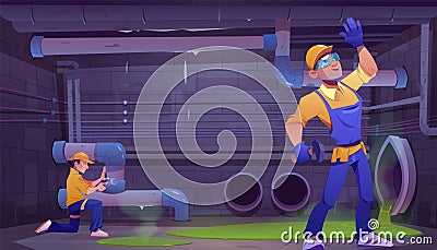 Plumber worker man repair pipe near water leak Vector Illustration