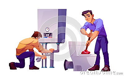 Plumber worker repair toilet and boiler home set Cartoon Illustration