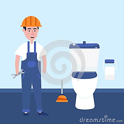 Plumber worker in toilet repair faucet. Friendly worker design, professional handyman. Vector Illustration