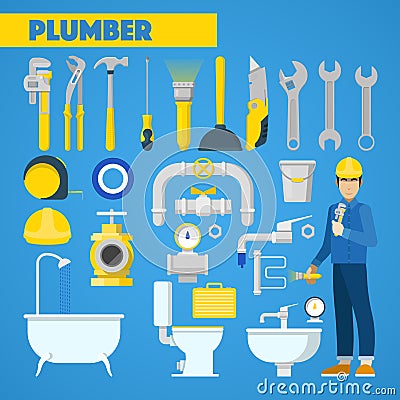 Plumber Worker with Tools Set and Bathroom Elements Vector Illustration