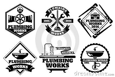 Plumber working logo and force plumbing label vector set Vector Illustration