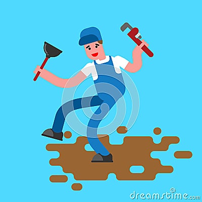 Plumber with wrench and plunger contour style. The plumber goes Vector Illustration