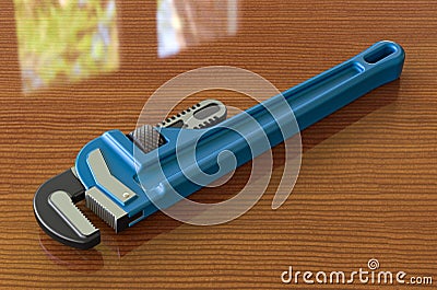 Plumber Wrench on the wooden table. 3D rendering Stock Photo