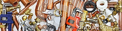 Plumber& x27;s pipes , fittings and wrenches website banner Stock Photo